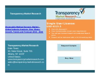 Transparency Market Research
Disposable Medical Sensors Market -
Global Industry Analysis, Size, Share,
Growth, Trends and Forecast 2015 - 2023
Single User License:
USD 4315.5
 Flat 10% Discount!!
 Free Customization as per your requirement
 You will get Custom Report at Syndicated Report
price
 Report will be delivered with in 15-20 working days
Transparency Market Research
State Tower,
90, State Street, Suite 700.
Albany, NY 12207
United States
www.transparencymarketresearch.com
sales@transparencymarketresearch.co
m
Request Sample
Buy Now
 