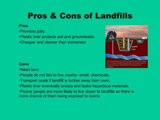 Pros & Cons of Landfills Pros Provides jobs. Plastic liner protects soil and groundwater. Cheaper and cleaner than incinerator Cons Need land. People do not like to live nearby- smell, chemicals. Transport costs if landfill is further away from town. Plastic liner eventually breaks and leaks hazardous materials. Poorer people are more likely to live closer to landfills so there is more chance of them being exposed to toxins. 