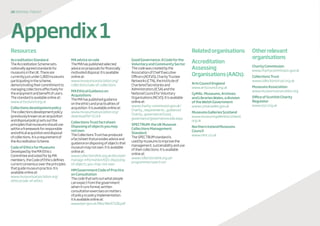 28 disposaltoolkit
Resources
AccreditationStandard
TheAccreditationSchemesets
nationallyagreedstandardsfor
museumsintheUK.Thereare
currentlyjustunder1,800museums
participatinginthescheme,
demonstratingtheircommitmentto
managingcollectionseffectivelyfor
theenjoymentandbenefitofusers.
Thestandardisavailableonlineat:
www.artscouncil.org.uk
Collectionsdevelopmentpolicy
Thecollectionsdevelopmentpolicy
(previouslyknownasanacquisition
anddisposalpolicy)setsoutthe
principlesthatmuseumsshoulduse
withinaframeworkforresponsible
andethicalacquisitionanddisposal
ofcollections.Itisarequirementof
theAccreditationScheme.
CodeofEthicsforMuseums
DevelopedbytheMAEthics
CommitteeandvotedforbyMA
members,theCodeofEthicsdefines
currentconsensusovertheprinciples
thatguidemuseumpractice.Itis
availableonlineat:
www.museumsassociation.org/
ethics/code-of-ethics
MAadviceonsale
TheMAhaspublishedselected
adviceonproposalsforfinancially
motivateddisposal.Itisavailable
onlineat:
www.museumsassociation.org/
collections/sale-of-collections
MAEthicalGuidanceon
Acquisitions
TheMAhaspublishedguidance
ontheethicsandpracticalitiesof
acquisition.Itisavailableonlineat:
www.museumsassociation.org/
download?id=11114
CollectionsTrustfactsheet:
Disposingofobjectsyoumay
notown
TheCollectionsTrusthasproduced
afactsheetthatprovidesadviceand
guidanceondisposingofobjectsthat
museummaynotown.Itisavailable
onlineat:
www.collectionslink.org.uk/discover/
manage-information/610-disposing-
of-objects-you-may-not-own
HMGovernmentCodeofPractice
onConsultation
Thecodethatsetsoutwhatpeople
canexpectfromthegovernment
whenitrunsformal,written
consultationexercisesonmatters
ofpolicyorpolicyimplementation.
Itisavailableonlineat:
www.berr.gov.uk/files/file47158.pdf
GoodGovernance:ACodeforthe
VoluntaryandCommunitySector
Thecodewascreatedbythe
AssociationofChiefExecutive
Officers(ACEVO),CharityTrustee
Networks(CTN),theInstituteof
CharteredSecretariesand
Administrators(ICSA)andthe
NationalCouncilforVoluntary
Organisations(NCVO).Itisavailable
onlineat:
www.charity-commission.gov.uk/
Charity_requirements_guidance/
Charity_governance/Good_
governance/governancecode.aspx
SPECTRUM:theUKMuseum
CollectionsManagement
Standard
TheSPECTRUMstandardis
usedbymuseumstoimprovethe
management,sustainabilityanduse
oftheircollections.Itisavailable
onlineat:
www.collectionslink.org.uk/
programmes/spectrum
Relatedorganisations
Accreditation
Assessing
Organisations(AAOs):
ArtsCouncilEngland
www.artscouncil.org.uk
CyMAL:Museums,Archives
andLibrariesWales,adivision
oftheWelshGovernment
www.cymal.wales.gov.uk
MuseumsGalleriesScotland
www.museumsgalleriesscotland.
org.uk
NorthernIrelandMuseums
Council
www.nimc.co.uk
Otherrelevant
organisations
CharityCommission
www.charitycommission.gov.uk
CollectionsTrust
www.collectionstrust.org.uk
MuseumsAssociation
www.museumsassociation.org
OfficeofScottishCharity
Regulator
www.oscr.org.uk
Appendix1
 