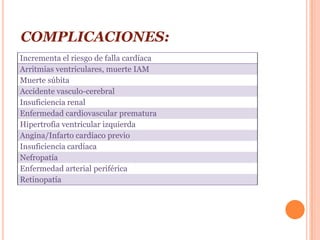 COMPLICACIONES:
Incrementa el riesgo de falla cardíaca
Arritmias ventriculares, muerte IAM
Muerte súbita
Accidente vasculo-cerebral
Insuficiencia renal
Enfermedad cardiovascular prematura
Hipertrofia ventricular izquierda
Angina/Infarto cardíaco previo
Insuficiencia cardíaca
Nefropatía
Enfermedad arterial periférica
Retinopatía
 