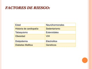 FACTORES DE RIESGO:



    Edad                      Neurohormonales
    Historia de cardiopatía   Sedentarismo
    Tabaquismo                Esteroidales
    Obesidad                  VIH

    Dislipidemia              Electrolitos
    Diabetes Mellitus         Genéticos
 