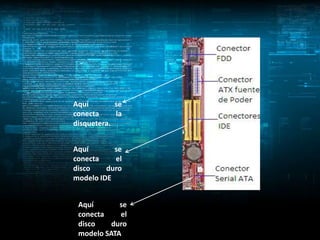 Aquí        se
conecta     la
disquetera.


Aquí       se
conecta    el
disco    duro
modelo IDE


 Aquí       se
 conecta    el
 disco    duro
 modelo SATA
 