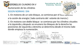 MOTORES DE CILINDRO EN V
Numeración de los cilindros
SEGÚN NORMAS DIN
1.-En motores de un solo bloque, se comienza por el lado opuesto
a la cesión de energía ( lado contrario del volante de inercia )
2.-En motores con doble bloque se comienza por los cilindros situados
a la izquierda y después se enumera los bloques de la derecha las
posiciones de izquierda a derecha se determina desde el mismo lado
donde empieza la numeración.
 