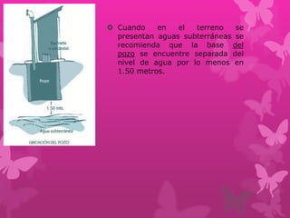  Cuando en el terreno se
presentan aguas subterráneas se
recomienda que la base del
pozo se encuentre separada del
nivel de agua por lo menos en
1.50 metros.
 