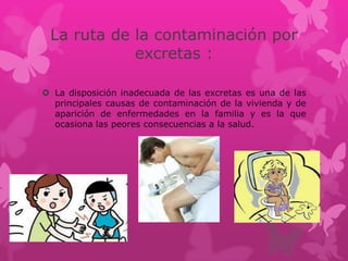 La ruta de la contaminación por
excretas :
 La disposición inadecuada de las excretas es una de las
principales causas de contaminación de la vivienda y de
aparición de enfermedades en la familia y es la que
ocasiona las peores consecuencias a la salud.
 