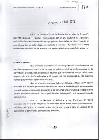 Dislexia. Disposicion Educativa de la Prov. de Buenos Aires 59/2013. 