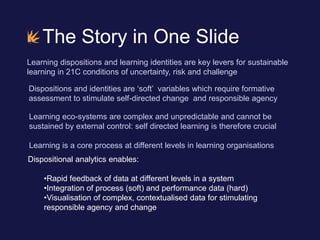 The Story in One Slide
Learning dispositions and learning identities are key levers for sustainable
learning in 21C conditions of uncertainty, risk and challenge
Dispositions and identities are ‘soft’ variables which require formative
assessment to stimulate self-directed change and responsible agency
Dispositional analytics enables:
•Rapid feedback of data at different levels in a system
•Integration of process (soft) and performance data (hard)
•Visualisation of complex, contextualised data for stimulating
responsible agency and change
Learning eco-systems are complex and unpredictable and cannot be
sustained by external control: self directed learning is therefore crucial
Learning is a core process at different levels in learning organisations
 