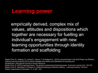Learning power
empirically derived, complex mix of
values, attitudes and dispositions which
together are necessary for fuelling an
individual’s engagement with new
learning opportunities through identity
formation and scaffolding
Deakin Crick, R., Haigney, D., Huang S., Coburn, T. & Goldspink C., (2012) Learning Power in the Work Place: the Effective
Lifelong Learning Inventory (ELLI) and its reliability and validity and implications for Learning and
Development, International Journal of Human Resource
Deakin Crick, R. (2007) Learning to learn: The dynamic assessment of learning power. Curriculum Journal,18,2, 135-153.
Deakin Crick R., Broadfoot P. & Claxton G. (2004) Developing an Effective Lifelong Learning Inventory: The ELLI
Project, Assessment in Education, 11, 3, 247 - 272.
 