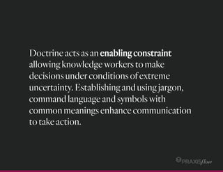 Doctrineactsasanenablingconstraint
allowingknowledgeworkerstomake
decisionsunderconditionsofextreme
uncertainty.Establishingandusingjargon,
commandlanguageandsymbolswith
commonmeaningsenhancecommunication
totakeaction.
 