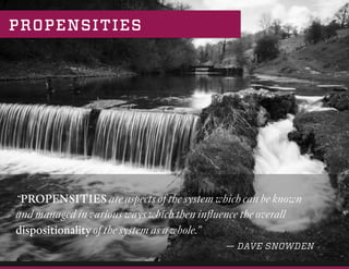 PROPENSITIES
“PROPENSITIES are aspects of the system which can be known
and managed in various ways which then inﬂuence the overall
dispositionality of the system as a whole.”
— DAVE SNOWDEN
 