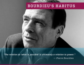BOURDIEU’S HABITUS
“The relation to ‘what is possible’ is ultimately a relation to power.”
— Pierre Bourdieu
 
