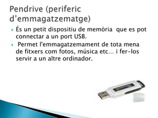    És un petit dispositiu de memòria que es pot
    connectar a un port USB.
    Permet l'emmagatzemament de tota mena
    de fitxers com fotos, música etc… i fer-los
    servir a un altre ordinador.
 