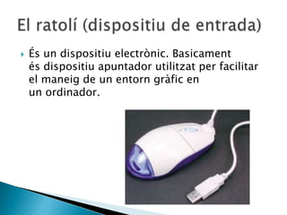    És un dispositiu electrònic. Basicament
    és dispositiu apuntador utilitzat per facilitar
    el maneig de un entorn gràfic en
    un ordinador.
 