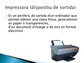    És un perifèric de sortida d'un ordinador que
    permet obtenir una còpia física, generalment
    en paper o transparències,
    d'un document d'imatge o de text en format
    electrònic
 