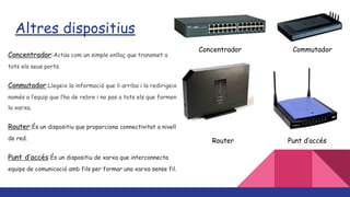 Altres dispositius
Concentrador:Actúa com un simple enllaç que transmet a
tots els seus ports.
Conmutador:Llegeix la informació que li arriba i la redirigeix
només a l’equip que l’ha de rebre i no pas a tots els que formen
la xarxa.
Router:És un dispositiu que proporciona connectivitat a nivell
de red.
Punt d’accés:És un dispositiu de xarxa que interconnecta
equips de comunicació amb fils per formar una xarxa sense fil.
Concentrador Commutador
Router Punt d’accés
 