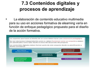 7.3 Contenidos digitales y
procesos de aprendizaje
• La elaboración de contenido educativo multimedia
para su uso en acciones formativa de elearning varía en
función de enfoque pedagógico propuesto para el diseño
de la acción formativa.
 