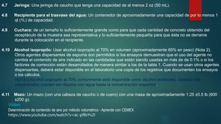 4.7 Jeringa: Una jeringa de caucho que tenga una capacidad de al menos 2 oz (50 mL).
4.8 Recipiente para el trasvase del agua: Un contenedor de aproximadamente una capacidad de por lo menos 1
qt (1L) de capacidad.
4.9 Cuchara: de un tamaño lo suficientemente grande como para que cada cantidad de concreto obtenido del
receptáculo de la muestra sea representativa y lo suficientemente pequeña para que ésta no se derrame
durante la colocación en el recipiente.
4.10 Alcohol isopropilo: Usar alcohol isopropilo al 70% en volumen (aproximadamente 65% en peso) (Nota 2).
Otros agentes dispersantes de espuma son permitidos si los ensayos demuestran que el uso del agente no
cambia el contenido de aire indicado en las cantidades que están siendo usadas en más de de 0.1% o si los
factores de corrección están desarrollados de manera similar a los de la tabla 1. Cuando se usan otros agentes
dispersantes, deberá estar disponible en el laboratorio una copia de los registros que documenten los ensayos
o los cálculos.
NOTA 2 Alcohol isopropilo al 70% comúnmente está disponible como alcohol rectificado. Grados más
concentrados pueden ser diluidos con agua hasta la concentración requerida.
4.11 Mazo: Un mazo (con una cabeza de caucho o de cuero) con una masa de aproximadamente 1.25 ±0.5 lb (600
±200 g).
Video:
Determinación de contenido de aire por método volumétrico - Aprende con CEMEX
https://www.youtube.com/watch?v=ac-pf8sYv2I
 