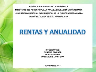 REPÚBLICA BOLIVARIANA DE VENEZUELA
MINISTERIO DEL PODER POPULAR PARA LA EDUCACIÓN UNIVERSITARIA
UNIVERSIDAD NACIONAL EXPERIMENTAL DE LA FUERZA ARMADA UNEFA
MUNICIPIO TUREN ESTADO PORTUGUESA
INTEGRANTES:
GÉNESIS GIMÉNEZ
THAIS SÁNCHEZ
MARIANDRIS QUINTERO
NOVIEMBRE 2017
 