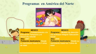 Programas en América del Norte
MEXICO
Programa: Fortalecimiento a la
Educación Temprana y el
Desarrollo Infantil
Año: 2007...