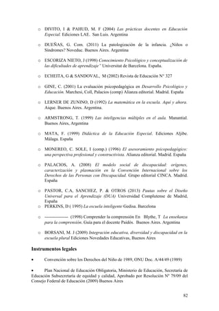 o DIVITO, I & PAHUD, M. F (2004) Las prácticas docentes en Educación
Especial. Ediciones LAE. San Luis. Argentina
o DUEÑAS, G. Com. (2011) La patologización de la infancia. ¿Niños o
Síndromes? Noveduc. Buenos Aires. Argentina
o ESCORIZA NIETO, J (1998) Conocimiento Psicológico y conceptualización de
las dificultades de aprendizaje” Universitat de Barcelona. España.
o ECHEITA, G & SANDOVAL, M (2002) Revista de Educación N° 327
o GINE, C. (2001) La evaluación psicopedagógica en Desarrollo Psicológico y
Educación. Marchesi, Coll, Palacios (comp) Alianza editorial. Madrid. España
o LERNER DE ZUNINO, D (1992) La matemática en la escuela. Aquí y ahora.
Aique. Buenos Aires. Argentina.
o ARMSTRONG, T. (1999) Las inteligencias múltiples en el aula. Manantial.
Buenos Aires, Argentina
o MATA, F. (1999) Didáctica de la Educación Especial. Ediciones Aljibe.
Málaga. España
o MONEREO, C. SOLE, I (comp.) (1996) El asesoramiento psicopedagógico:
una perspectiva profesional y constructivista. Alianza editorial. Madrid. España
o PALACIOS, A. (2008) El modelo social de discapacidad: orígenes,
caracterización y plasmación en la Convención Internacional sobre los
Derechos de las Personas con Discapacidad. Grupo editorial CINCA. Madrid.
España
o PASTOR, C.A, SANCHEZ, P. & OTROS (2013) Pautas sobre el Diseño
Universal para el Aprendizaje (DUA) Universidad Complutense de Madrid,
España
o PERKINS, D ( 1995) La escuela inteligente Gedisa. Barcelona
o ---------------- (1998) Comprender la comprensión En Blythe, T La enseñanza
para la comprensión. Guía para el docente Paidós. Buenos Aires. Argentina
o BORSANI, M. J (2009) Integración educativa, diversidad y discapacidad en la
escuela plural Ediciones Novedades Educativas, Buenos Aires
Instrumentos legales
• Convención sobre los Derechos del Niño de 1989, ONU Doc. A/44/49 (1989)
• Plan Nacional de Educación Obligatoria, Ministerio de Educación, Secretaría de
Educación Subsecretaría de equidad y calidad, Aprobado por Resolución Nº 79/09 del
Consejo Federal de Educación (2009) Buenos Aires
82
 