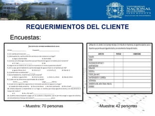 REQUERIMIENTOS DEL CLIENTE
Encuestas:
- Muestra: 70 personas -Muestra: 42 personas
 