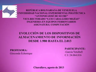 REPÚBLICA BOLIVARIANA DE VENEZUELA
UNIVERSIDAD NACIONAL EXPERIMENTAL POLITÉCNICA
“ANTONIO JOSÉ DE SUCRE”
VICE-RECTORADO “LUIS CABALLERO MEJÍAS”
INGENIERIA EN EQUIPOS FERROVIARIOS
ASIGNATURA: COMPUTACIÓN
EVOLUCIÓN DE LOS DISPOSITIVOS DE
ALMACENAMIENTO DE INFORMACIÓN
DESDE 1.980 HASTA EL 2.013
PROFESORA:
Gioconda Echenique
PARTICIPANTE:
-García Yetsibell
C.I: 24.064.816
Charallave, agosto de 2013
 