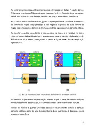 12
Ao juntar em uma única pastilha dois materiais extrínsecos um do tipo P e outro do tipo
N forma-se uma junção PN normalmente chamado de diodo. No instante de formação o
lado P tem muitas lacunas (falta de elétrons) e o lado N tem excesso de elétrons.
Ao polarizar o diodo de forma direta, [quando o polo positivo de uma fonte é conectado
ao terminal da região tipo-p (anodo) e o polo negativo é aplicada ao outro terminal da
região tipo-n (catodo)], a barreira c diminui, permitindo a passagem da corrente elétrica.
Ao inverter os polos, conectando o polo positivo no tipo-n, e o negativo no tipo-p,
dizemos que o diodo está polarizado reversamente, onde a barreira criada pela junção
PN aumenta, impedindo a passagem da corrente. A figura abaixo ilustra a explicação
apresentada:
(a) (b)
FIG. 10 – (a) Polarização direta em um diodo. (b) Polarização reversa em um diodo.
Na verdade o que ocorre na polarização reversa é que, o valor da corrente cai para
níveis praticamente desprezíveis, não ultrapassando o valor da tensão de ruptura.
Tensão de ruptura é quando um diodo polarizado reversamente começa a conduzir
corrente elétrica a partir de uma tensão máxima. Esse evento não é desejada, exceto
em casos específicos
.
 