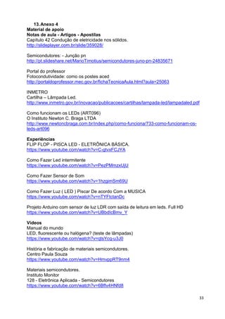 33
13.Anexo 4
Material de apoio
Notas de aula - Artigos - Apostilas
Capítulo 42 Condução de eletricidade nos sólidos.
http://slideplayer.com.br/slide/359028/
Semicondutores: - Junção pn
http://pt.slideshare.net/MarioTimotius/semicondutores-juno-pn-24835671
Portal do professor
Fotocondutividade: como os postes aced
http://portaldoprofessor.mec.gov.br/fichaTecnicaAula.html?aula=25063
INMETRO
Cartilha – Lâmpada Led.
http://www.inmetro.gov.br/inovacao/publicacoes/cartilhas/lampada-led/lampadaled.pdf
Como funcionam os LEDs (ART096)
O Instituto Newton C. Braga LTDA
http://www.newtoncbraga.com.br/index.php/como-funciona/733-como-funcionam-os-
leds-art096
Experiências
FLIP FLOP - PISCA LED - ELETRÔNICA BÁSICA.
https://www.youtube.com/watch?v=C-gtvxFCJYA
Como Fazer Led intermitente
https://www.youtube.com/watch?v=PezPMmzxUjU
Como Fazer Sensor de Som
https://www.youtube.com/watch?v=1hzgimSm69U
Como Fazer Luz ( LED ) Piscar De acordo Com a MUSICA
https://www.youtube.com/watch?v=nTYFtctanDc
Projeto Arduino com sensor de luz LDR com saída de leitura em leds. Full HD
https://www.youtube.com/watch?v=UBbdIcBmv_Y
Vídeos
Manual do mundo
LED, fluorescente ou halógena? (teste de lâmpadas)
https://www.youtube.com/watch?v=qtsYcq-u3J0
História e fabricação de materiais semicondutores.
Centro Paula Souza
https://www.youtube.com/watch?v=HmvppRT9nm4
Materiais semicondutores.
Instituto Monitor
128 - Eletrônica Aplicada - Semicondutores
https://www.youtube.com/watch?v=6Bflv4HNfd8
 