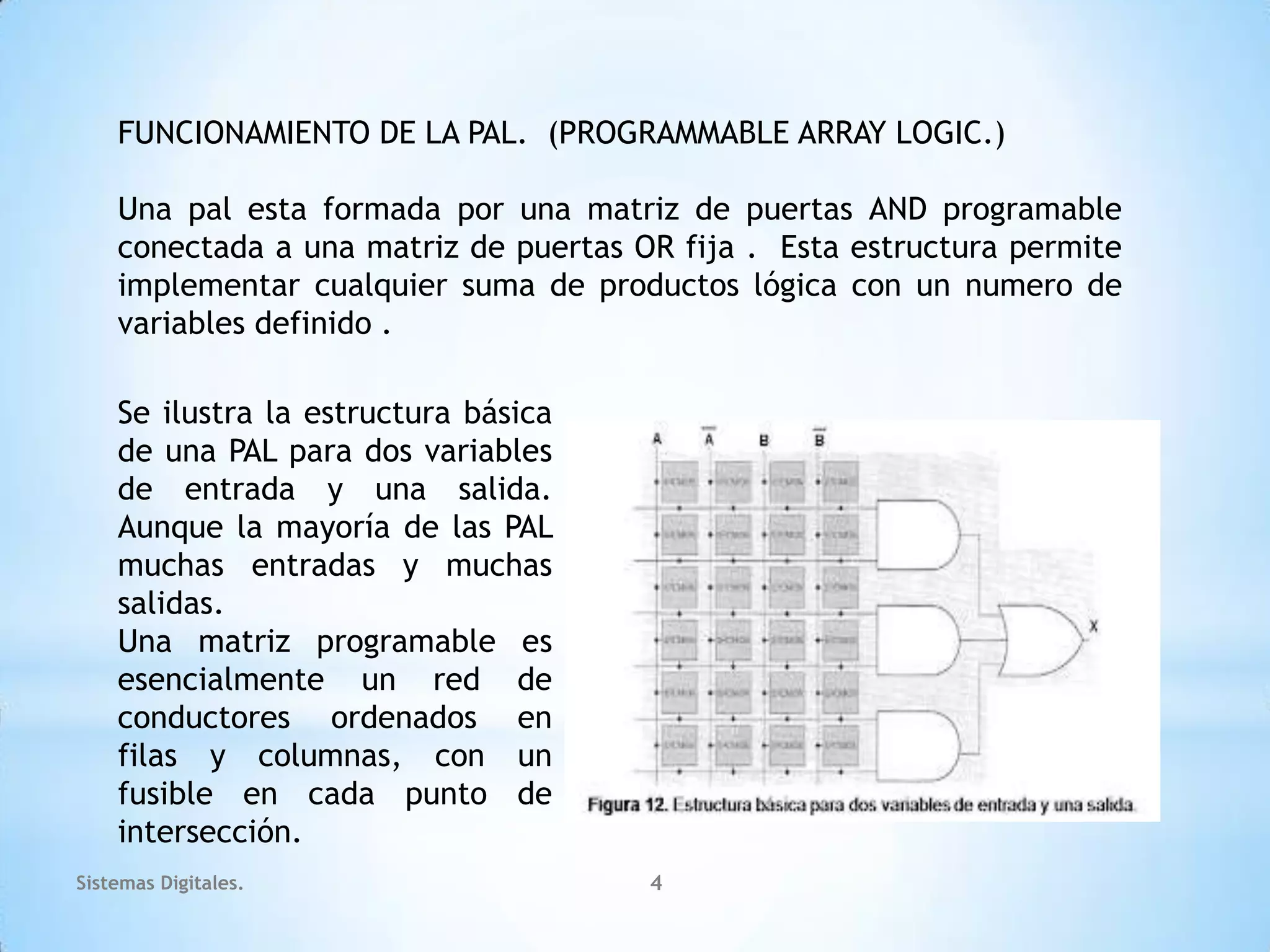 FUNCIONAMIENTO DE LA PAL. (PROGRAMMABLE ARRAY LOGIC.)

    Una pal esta formada por una matriz de puertas AND programable
    conectada a una matriz de puertas OR fija . Esta estructura permite
    implementar cualquier suma de productos lógica con un numero de
    variables definido .

    Se ilustra la estructura básica
    de una PAL para dos variables
    de entrada y una salida.
    Aunque la mayoría de las PAL
    muchas entradas y muchas
    salidas.
    Una matriz programable es
    esencialmente un red de
    conductores ordenados en
    filas y columnas, con un
    fusible en cada punto de
    intersección.
Sistemas Digitales.                    4
 