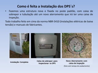Como é feita a Instalação dos DPS´s?
• Fazemos uma estrutura nova e fixada no poste padrão, com caixa de
sobrepor e tubulação até um novo aterramento que irá ter uma caixa de
inspeção.
Todo trabalho feito em cima da norma NBR-5410 (Instalações elétricas de baixa
tensão) e manuais de fabricantes.

(foto sem tampa de acabamento)

 