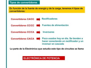 Tipos de convertidores 
En función de la fuente de energía y de la carga, tenemos 4 tipos de convertidores: 
Convertidores CA/CC 
Convertidores CC/CC 
Convertidores CC/CA 
Convertidores CA/CA 
Rectificadores 
Fuentes de alimentación 
Inversores 
Poco usados hoy en día. Se tienden a hacer conectando un rectificador y un inversor en cascada 
La parte de la Electrónica que estudia este tipo de circuitos se llama 
ELECTRÓNICA DE POTENCIA  