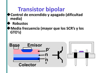 Transistor bipolar 
Control de encendido y apagado (dificultad media) 
 Robustos 
Media frecuencia (mayor que los SCR’s y los GTO’s) 
n+ 
n- 
p- 
Colector 
Emisor 
Base  