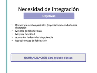 Necesidad de integración 
•Reducir elementos parásitos (especialmente inductancia dispersión) 
•Mejorar gestión térmica 
•Mejorar fiabilidad 
•Aumentar la densidad de potencia 
•Reducir costes de fabricación 
NORMALIZACIÓN para reducir costes 
Objetivos  