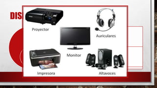 DISPOSITIVOS DE SALIDA
Son aquellos periféricos que se
adosan a un ordenador y que
tienen como finalidad brindar
información al usuario
Ejemplos:
• Monitor
• Proyector
• Impresora
• Parlante
 