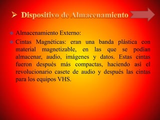  Almacenamiento Externo:
 Cintas Magnéticas: eran una banda plástica con
material magnetizable, en las que se podían
almacenar, audio, imágenes y datos. Estas cintas
fueron después más compactas, haciendo así el
revolucionario casete de audio y después las cintas
para los equipos VHS.
 