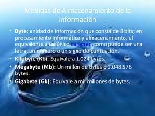 Medidas de Almacenamiento de la Información Byte:  unidad de información que consta de 8 bits; en procesamiento informático y almacenamiento, el equivalente a un único  carácter , como puede ser una letra, un número o un signo de puntuación.  Kilobyte   (Kb) : Equivale a 1.024 bytes.  Megabyte   (Mb):  Un millón de bytes o 1.048.576 bytes.  Gigabyte   (Gb) : Equivale a mil millones de bytes.  