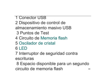 1 Conector USB
2 Dispositivo de control de
almacenamiento masivo USB
 3 Puntos de Test
4 Circuito de Memoria flash
5 Oscilador de cristal
6 LED
7 Interruptor de seguridad contra
escrituras
 8 Espacio disponible para un segundo
circuito de memoria flash           34
 