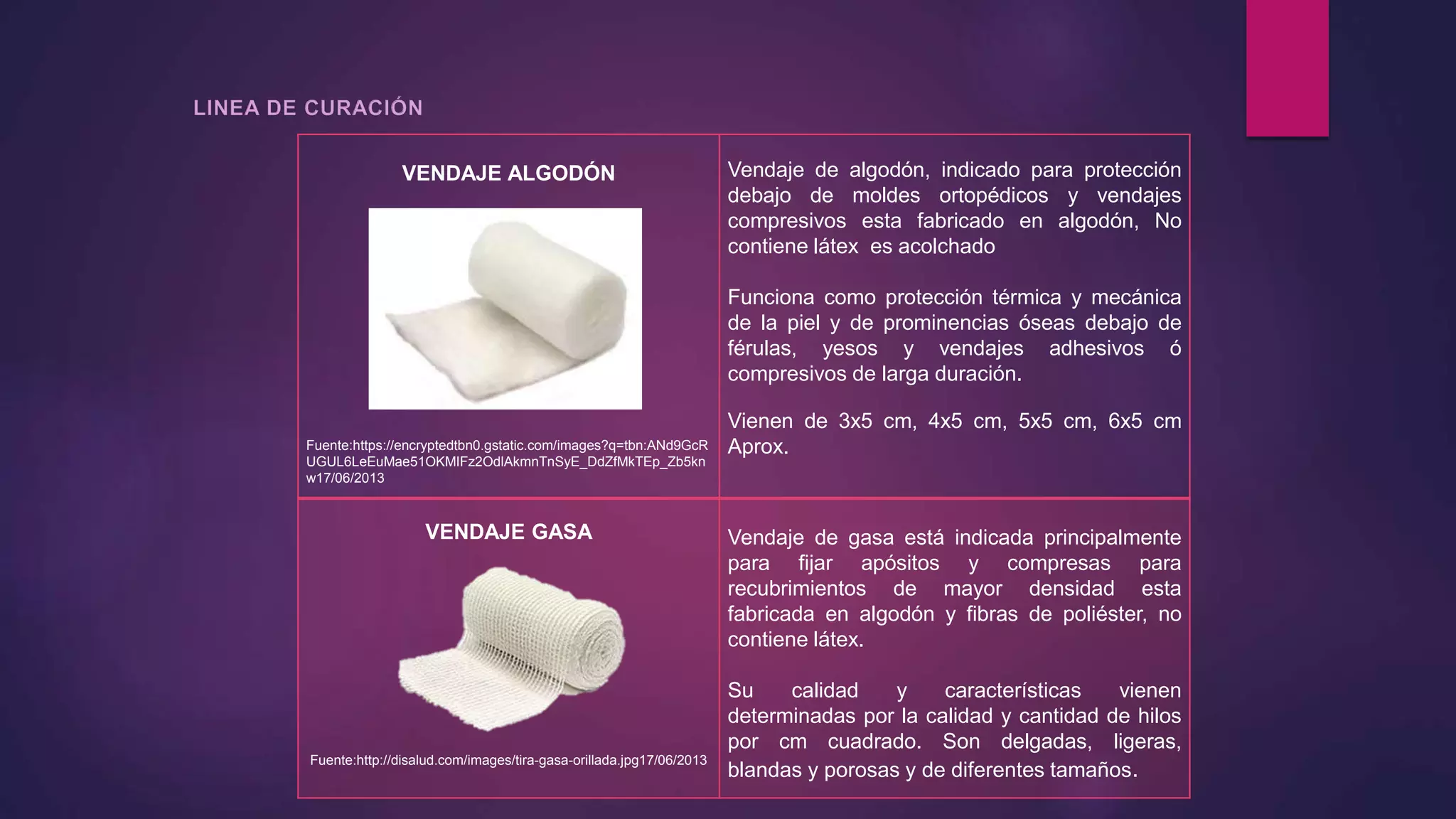 VENDAJE ALGODÓN
Fuente:https://encryptedtbn0.gstatic.com/images?q=tbn:ANd9GcR
UGUL6LeEuMae51OKMIFz2OdlAkmnTnSyE_DdZfMkTEp_Zb5kn
w17/06/2013
Vendaje de algodón, indicado para protección
debajo de moldes ortopédicos y vendajes
compresivos esta fabricado en algodón, No
contiene látex es acolchado
Funciona como protección térmica y mecánica
de la piel y de prominencias óseas debajo de
férulas, yesos y vendajes adhesivos ó
compresivos de larga duración.
Vienen de 3x5 cm, 4x5 cm, 5x5 cm, 6x5 cm
Aprox.
VENDAJE GASA
Fuente:http://disalud.com/images/tira-gasa-orillada.jpg17/06/2013
Vendaje de gasa está indicada principalmente
para fijar apósitos y compresas para
recubrimientos de mayor densidad esta
fabricada en algodón y fibras de poliéster, no
contiene látex.
Su calidad y características vienen
determinadas por la calidad y cantidad de hilos
por cm cuadrado. Son delgadas, ligeras,
blandas y porosas y de diferentes tamaños.
 