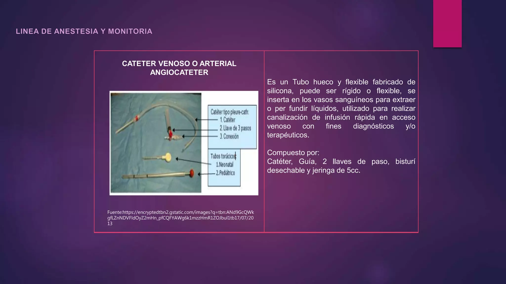 CATETER VENOSO O ARTERIAL
ANGIOCATETER
Es un Tubo hueco y flexible fabricado de
silicona, puede ser rígido o flexible, se
inserta en los vasos sanguíneos para extraer
o per fundir líquidos, utilizado para realizar
canalización de infusión rápida en acceso
venoso con fines diagnósticos y/o
terapéuticos.
Compuesto por:
Catéter, Guía, 2 llaves de paso, bisturí
desechable y jeringa de 5cc.
Fuente:https://encryptedtbn2.gstatic.com/images?q=tbn:ANd9GcQWk
gfLZnNDVFldOyZ2mHn_pfCQFYAWg6k1mzzHmR1ZOJbul1tb17/07/20
13
 
