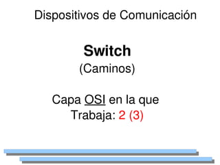 Dispositivos de Comunicación


            Switch
           (Caminos)

       Capa OSI en la que 
         Trabaja: 2 (3)

                 
 