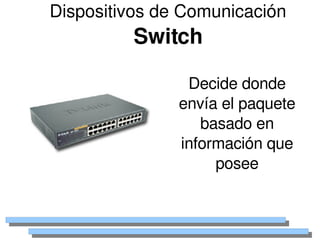 Dispositivos de Comunicación
             Switch

                     Decide donde 
                    envía el paquete 
                       basado en 
                    información que 
                         posee


                 
 