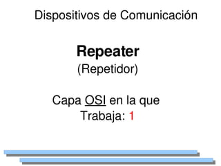 Dispositivos de Comunicación


           Repeater
           (Repetidor)

       Capa OSI en la que 
           Trabaja: 1

                 
 