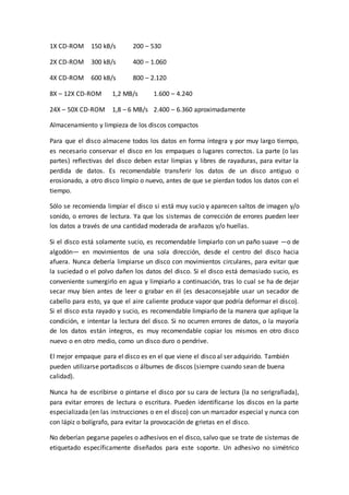 1X CD-ROM 150 kB/s 200 – 530
2X CD-ROM 300 kB/s 400 – 1.060
4X CD-ROM 600 kB/s 800 – 2.120
8X – 12X CD-ROM 1,2 MB/s 1.600 – 4.240
24X – 50X CD-ROM 1,8 – 6 MB/s 2.400 – 6.360 aproximadamente
Almacenamiento y limpieza de los discos compactos
Para que el disco almacene todos los datos en forma íntegra y por muy largo tiempo,
es necesario conservar el disco en los empaques o lugares correctos. La parte (o las
partes) reflectivas del disco deben estar limpias y libres de rayaduras, para evitar la
perdida de datos. Es recomendable transferir los datos de un disco antiguo o
erosionado, a otro disco limpio o nuevo, antes de que se pierdan todos los datos con el
tiempo.
Sólo se recomienda limpiar el disco si está muy sucio y aparecen saltos de imagen y/o
sonido, o errores de lectura. Ya que los sistemas de corrección de errores pueden leer
los datos a través de una cantidad moderada de arañazos y/o huellas.
Si el disco está solamente sucio, es recomendable limpiarlo con un paño suave —o de
algodón— en movimientos de una sola dirección, desde el centro del disco hacia
afuera. Nunca debería limpiarse un disco con movimientos circulares, para evitar que
la suciedad o el polvo dañen los datos del disco. Si el disco está demasiado sucio, es
conveniente sumergirlo en agua y limpiarlo a continuación, tras lo cual se ha de dejar
secar muy bien antes de leer o grabar en él (es desaconsejable usar un secador de
cabello para esto, ya que el aire caliente produce vapor que podría deformar el disco).
Si el disco esta rayado y sucio, es recomendable limpiarlo de la manera que aplique la
condición, e intentar la lectura del disco. Si no ocurren errores de datos, o la mayoría
de los datos están íntegros, es muy recomendable copiar los mismos en otro disco
nuevo o en otro medio, como un disco duro o pendrive.
El mejor empaque para el disco es en el que viene el disco al ser adquirido. También
pueden utilizarse portadiscos o álbumes de discos (siempre cuando sean de buena
calidad).
Nunca ha de escribirse o pintarse el disco por su cara de lectura (la no serigrafiada),
para evitar errores de lectura o escritura. Pueden identificarse los discos en la parte
especializada (en las instrucciones o en el disco) con un marcador especial y nunca con
con lápiz o bolígrafo, para evitar la provocación de grietas en el disco.
No deberían pegarse papeles o adhesivos en el disco, salvo que se trate de sistemas de
etiquetado específicamente diseñados para este soporte. Un adhesivo no simétrico
 