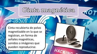 Cinta recubierta de polvo
pueden reproducirse.
Cinta recubierta de polvo
magnetizable en la que se
registran, en forma de
señales magnéticas,
sonidos o imágenes que
pueden reproducirse.
 