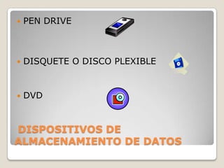    PEN DRIVE



   DISQUETE O DISCO PLEXIBLE


   DVD


DISPOSITIVOS DE
ALMACENAMIENTO DE DATOS
 