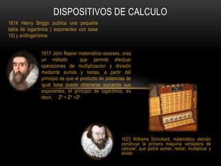 DISPOSITIVOS DE CALCULO
1614 Henry Briggs publica una pequeña
tabla de logaritmos ( exponentes con base
10) y antilogaritmos


               1617 John Napier matemático escoses, crea
               un método           que permite efectuar
               operaciones de multiplicación y división
               mediante sumas y restas, a partir del
               principio de que el producto de potencias de
               igual base puede obtenerse sumando sus
               exponentes, el principio de logaritmos, es
               decir, Z² + Z² =Z4




                                                      1623 Williams Schickard, matemático alemán
                                                      construye la primera maquina verdadera de
                                                      calcular; que podía sumar, restar, multiplicar y
                                                      dividir.
 