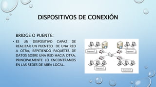 DISPOSITIVOS DE CONEXIÓN
BRIDGE O PUENTE:
• ES UN DISPOSITIVO CAPAZ DE
REALIZAR UN PUENTEO DE UNA RED
A OTRA, REPITIENDO PAQUETES DE
DATOS SOBRE UNA RED HACIA OTRA.
PRINCIPALMENTE LO ENCONTRAMOS
EN LAS REDES DE ÁREA LOCAL.
 