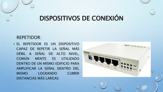 DISPOSITIVOS DE CONEXIÓN
REPETIDOR:
• EL REPETIDOR ES UN DISPOSITIVO
CAPAZ DE REPETIR LA SEÑAL MÁS
DÉBIL A SEÑAL DE ALTO NIVEL,
COMÚN MENTE ES UTILIZADO
DENTRO DE UN MISMO EDIFICIO PARA
AMPLIFICAR LA SEÑAL DENTRO DEL
MISMO LOGRANDO CUBRIR
DISTANCIAS MÁS LARGAS
 