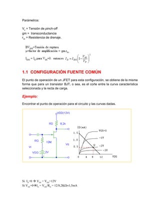 Parámetros:
Vp
= Tensión de pinch-off
gm = transconductancia
rds
= Resistencia de drenaje.
1.1 CONFIGURACIÓN FUENTE COMÚN
El punto de operación de un JFET para esta configuración, se obtiene de la misma
forma que para un transistor BJT, o sea, es el corte entre la curva característica
seleccionada y la recta de carga.
Ejemplo:
Encontrar el punto de operación para el circuito y las curvas dadas.
Si ID
=0  VDS
= VDD
=12V
Si VDS
=0ID
= VDD
/RD
= 12/8,2K1,5mA
 