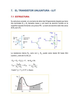 7. EL TRANSISTOR UNIJUNTURA - UJT
7.1 ESTRUCTURA
Su estructura consiste en una barra de silicio tipo N ligeramente dopada que tiene
dos terminales B1
y B2
llamados bases y una barra de aluminio fundida en la
superficie opuesta formando una juntura PN. La barra de aluminio está más cerca
de B2
que a B1
.
La resistencia interna RB1
varía con IE
. RB1
puede variar desde 5K hasta 50
cuando IE
varía de 0 a 50 A.
 